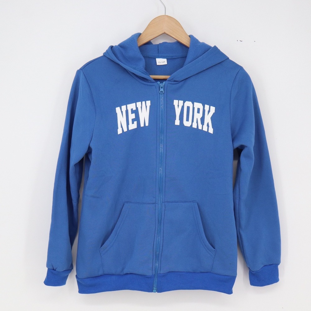 Unbranded Hoodie Boys 13-14Y New York Graphic Blue Full Zip Excellent